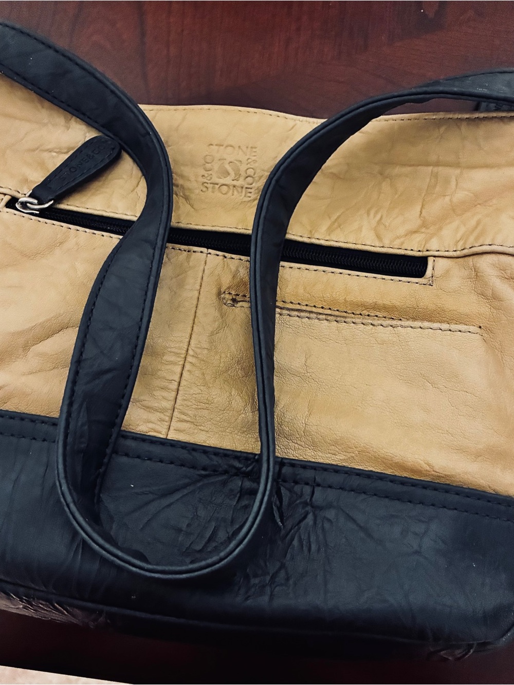 Stone & Co Leather Shoulder Bag with Navy Trim and Tan Panels - Picture 5 of 10